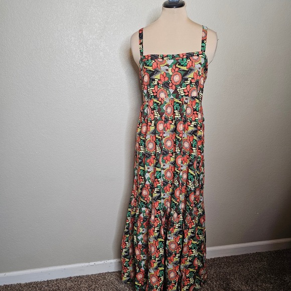Natural Life Maxi Dress Mod Floral Print Tie Back Midi Orange Green Yellow Large - Picture 2 of 10